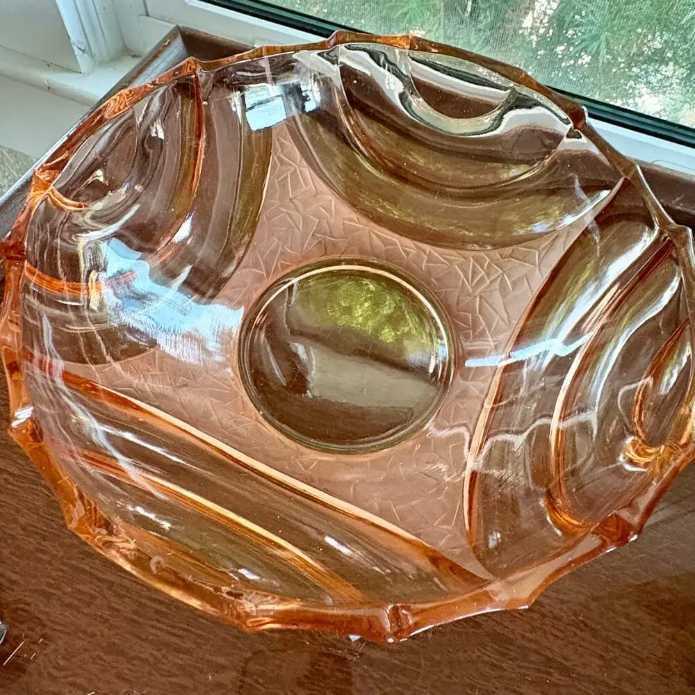 Vintage Pink Pressed Glass Bowl Made in Poland Art Deco Scalloped Edge